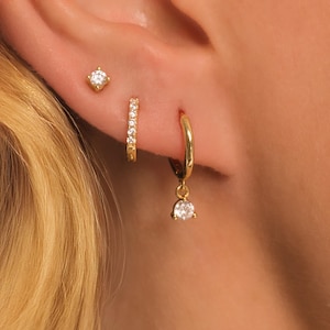 Dainty Diamond Earring Set • CZ Diamond Hoops, Pave Hoops and Stud Stackable Earrings in 18K Gold Vermeil Sterling Silver • Sold in Pairs