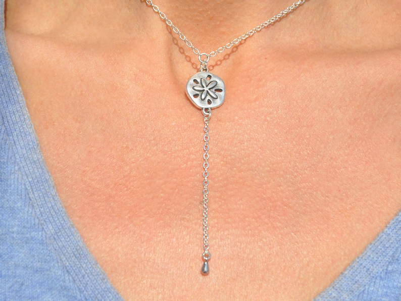 Bridesmaid SSM-527 Silver Sand Dollar Drop Necklace Delicate Sand Dollar Lariat Necklace Beach Wedding Gift for Her Silver Y Necklace