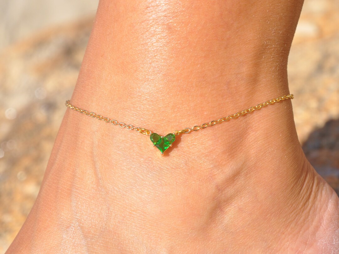 Green Heart Anklet Personalized Gold and Green CZ Heart Ankle Bracelet