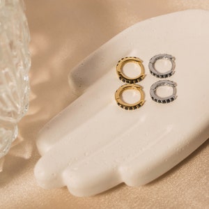 Dainty Onyx Black Huggie Hoop Earrings • 18K Gold Vermeil or Sterling Siver
