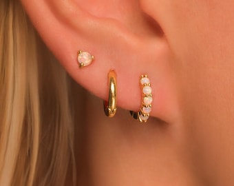 Dainty Opal Earring Set • Minimalist Hoop and Stud Everyday Stackable Earrings in 18K Gold Vermeil Sterling Silver • Sold in Pairs