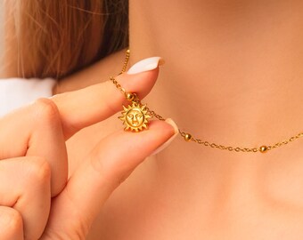 Sun Face Charm Necklace • Personalized Initial, Celestial Pendant