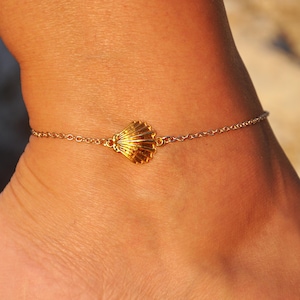 Gold Shell Anklet | Personalized Seashell Ankle Bracelet, Gold Clam Sea Shell Jewelry, Marine Life Anklet, Gold Beach Jewelry