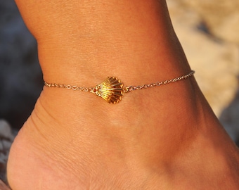 Gold Shell Anklet | Personalized Seashell Ankle Bracelet, Gold Clam Sea Shell Jewelry, Marine Life Anklet, Gold Beach Jewelry