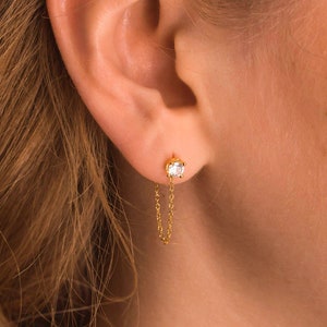 Diamond Chain Earrings, CZ Diamond Dangle Earrings in Sterling Silver or 18K Gold by Sea Side Motifs, Minimalist Threader Chain Studs