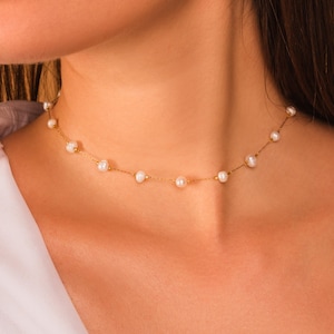 Dainty Pearl Chain Necklace • Freshwater Beaded Pearl Necklace in 18K Gold Plated Stainless Steel • Waterproof & Tarnish Resistant Necklace
