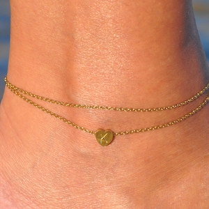 Layered Heart Anklet | Personalized Gold Silver Heart Initial Ankle Bracelet, Layering Anklet, Gift for Her, Beach Wedding, Bridesmaid Gift