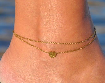 Layered Heart Anklet | Personalized Gold Silver Heart Initial Ankle Bracelet, Layering Anklet, Gift for Her, Beach Wedding, Bridesmaid Gift