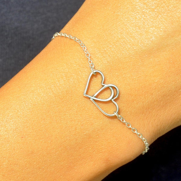 Two Heart Bracelet in Silver Gold and Rose Gold by SeaSideMotifs | Personalize Your Double Heart Bracelet as a Perfect Mothers Day Gift