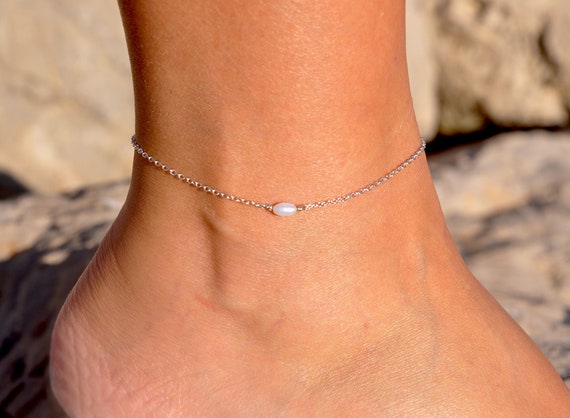 Dainty Anklet Personalized Freshwater Oval Pearl Ankle Bracelet for Women Tiny Pearl Drop Anklet Bridesmaid Gift Gift for Her TPOA-593