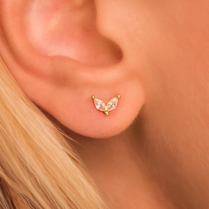 Dainty Flower Stud Earrings • Tiny 2-Petal CZ Earrings • Gold Vermeil or Sterling Silver • Minimalist Cartilage Earrings • Helix Studs