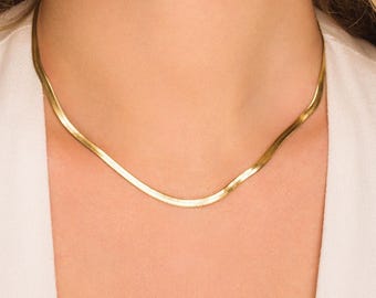 18K Gold Plated Herringbone Snake Chain Necklace, 3mm Waterproof Tarnish Resistant