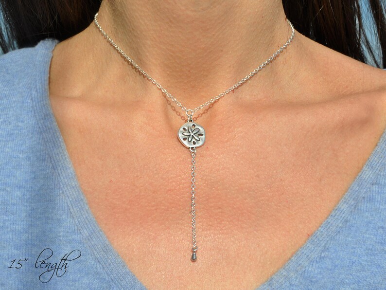 Bridesmaid SSM-527 Silver Sand Dollar Drop Necklace Delicate Sand Dollar Lariat Necklace Beach Wedding Gift for Her Silver Y Necklace
