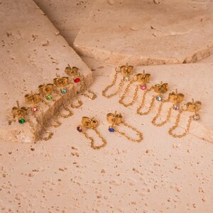 Dainty Chain Birthstone Earrings • Minimalist CZ Stud Earrings in Stainless Steel • Best Jewelry Birthday Gift for Her • 12 Colors Available