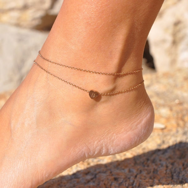 Layered Heart Anklet | Personalized Initial Charm, Gold, Silver or Rose Gold Finish