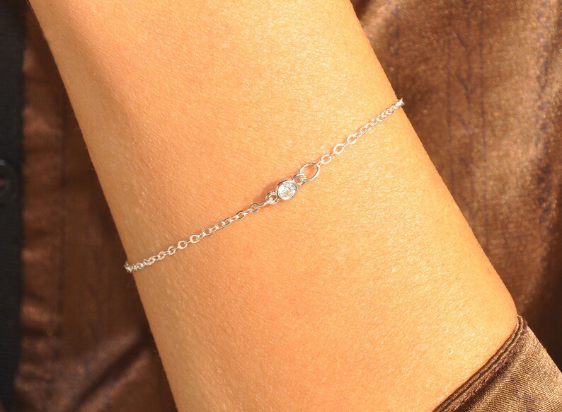Dainty Cubic Zirconia Diamond Delicate Simple Gift Minimalist Jewelry Sterling Silver Tiny CZ Diamond Bracelet Solitaire Bracelet