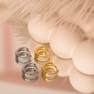 Dainty Pave Hoop Earrings • Tiny CZ Diamond Huggie Hoops in 18K Gold Sterling Silver • Statement Cartilage • Helix • Conch • Tragus • Daith