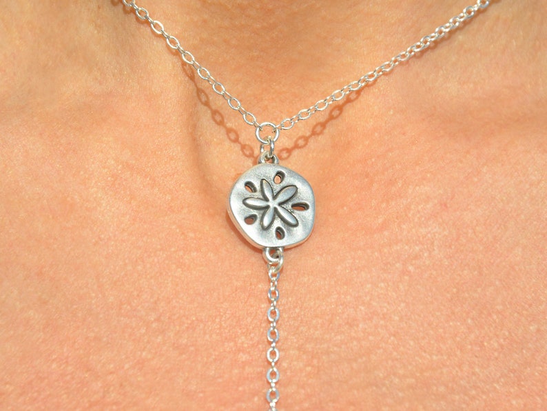 Bridesmaid SSM-527 Silver Sand Dollar Drop Necklace Delicate Sand Dollar Lariat Necklace Beach Wedding Gift for Her Silver Y Necklace