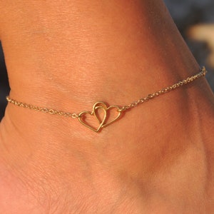Double Heart Anklet | Personalized Heart Ankle Bracelet for Women, Beach Wedding, Gift for Her, Bridesmaid Gift Silver Gold Rose Gold SM-505