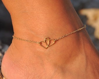 Double Heart Anklet | Personalized Heart Ankle Bracelet for Women, Beach Wedding, Gift for Her, Bridesmaid Gift Silver Gold Rose Gold SM-505