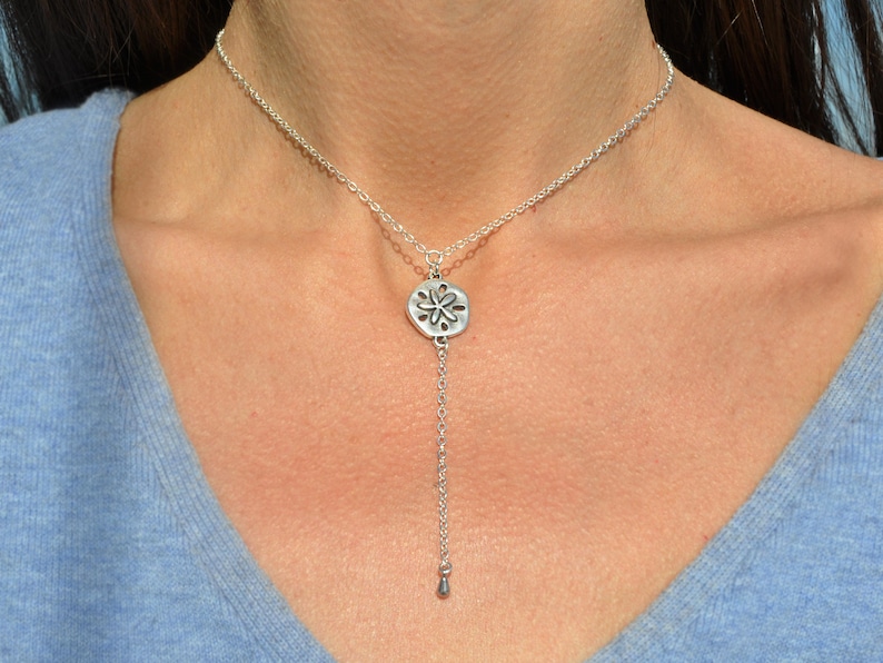 Bridesmaid SSM-527 Silver Sand Dollar Drop Necklace Delicate Sand Dollar Lariat Necklace Beach Wedding Gift for Her Silver Y Necklace