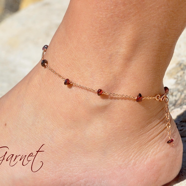 Dainty Garnet Anklet in Sterling Silver Gold Fill or Rose Gold Fill by SeaSideMotifs | Personalize Your Raw Garnet Anklet as a Perfect Gift