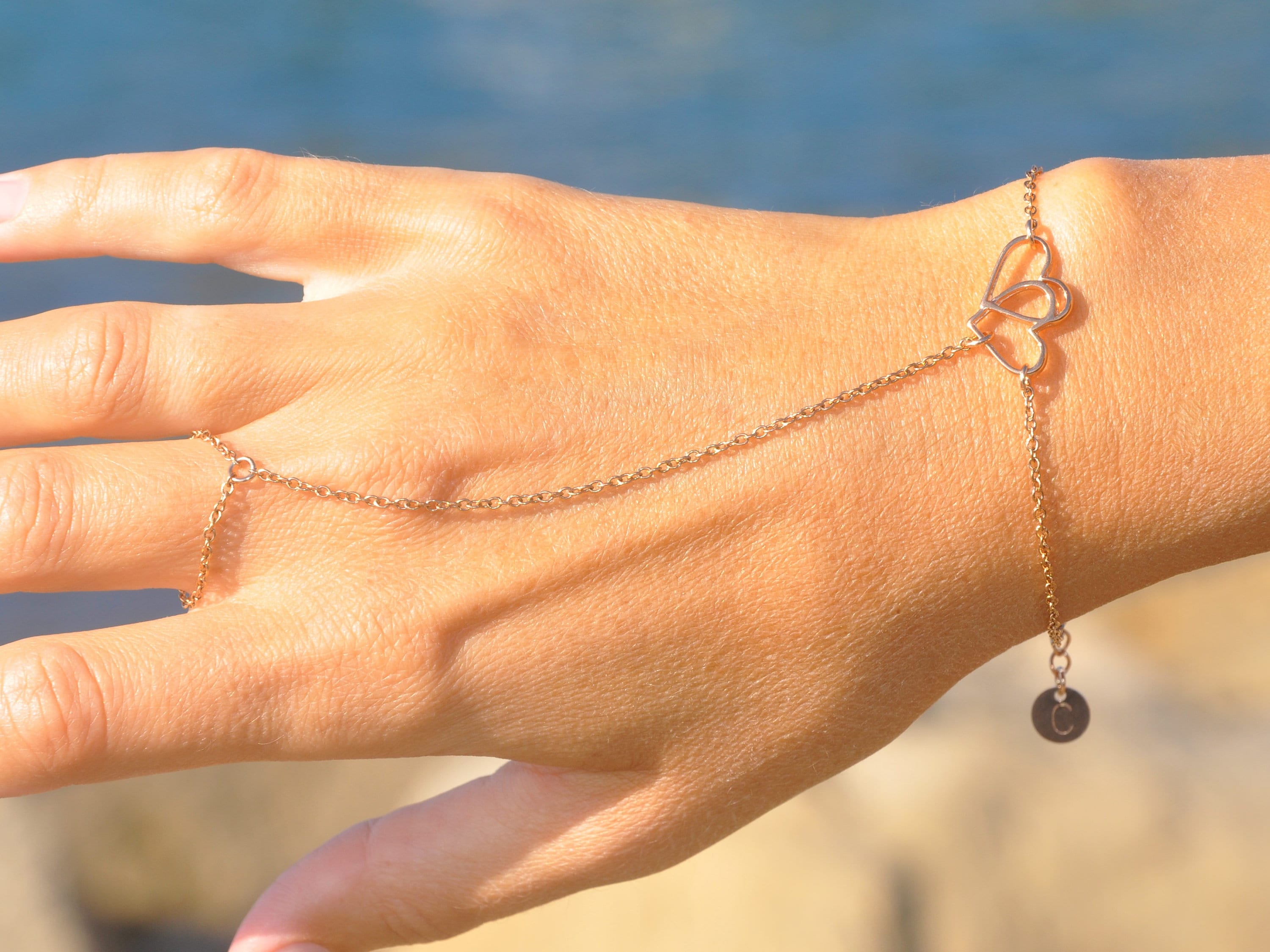 Personalized 2 Heart Hand Chain Bracelet - Gold Double Heart Hand Chain Bracelet - Silver Two Heart Hand Chain Bracelet - Personalized Gift