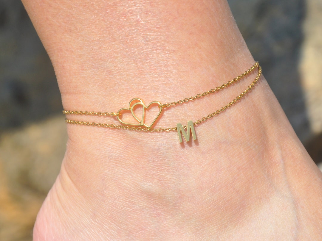 Two Heart and Custom Initial Anklet Personalized Gold Ankle Bracelet Beach Wedding Jewelry Elegant Delicate Foot Jewelry Etsy