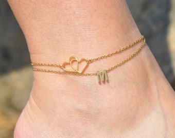 Two Heart and Custom Initial Anklet | Personalized Gold Ankle Bracelet, Beach Wedding Jewelry, Elegant, Delicate Foot Jewelry