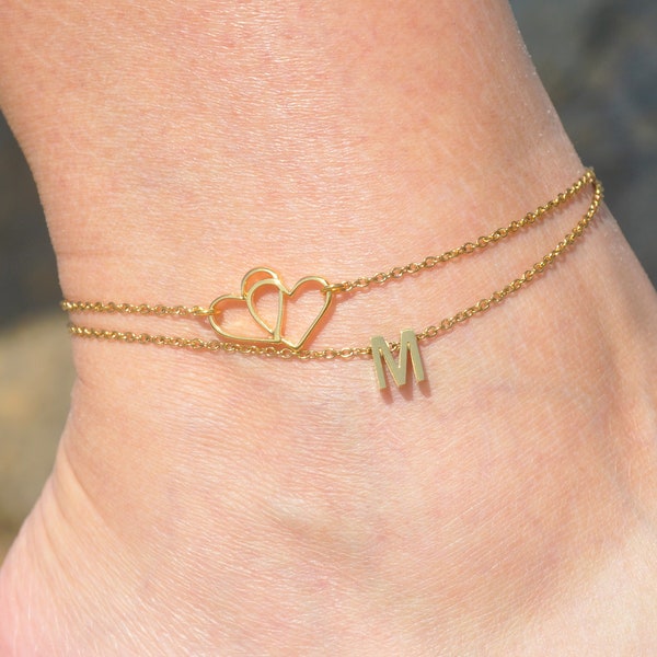 Two Heart and Custom Initial Anklet | Personalized Gold Ankle Bracelet, Beach Wedding Jewelry, Elegant, Delicate Foot Jewelry