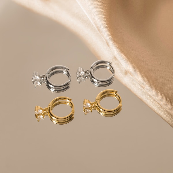 Dangle CZ Earrings | Diamond Huggie Hoops in Sterling Silver or 18K Gold | Water and Tarnish Resistant | SEASIDE MOTIFS