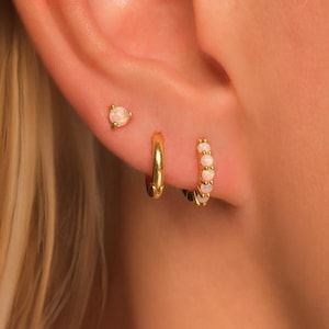 Dainty Opal Earring Set • Minimalist Hoop and Stud Everyday Stackable Earrings in 18K Gold Vermeil Sterling Silver • Sold in Pairs