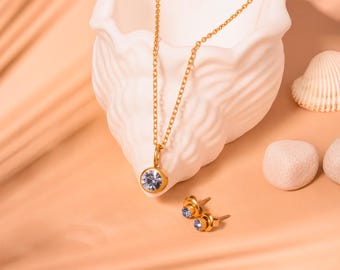 Dainty CZ Topaz Necklace and Stud Earrings Gift Set in PVD Stainless Steel