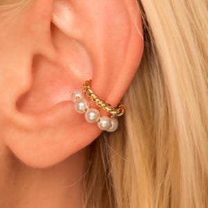 Double Pearl Ear Cuff Earring • No Piercing Required • Bridal Ear Cuff • 18K Gold Vermeil or Sterling Silver