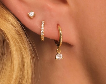 Dainty Diamond Earring Set • CZ Diamond Hoops, Pave Hoops and Stud Stackable Earrings in 18K Gold Vermeil Sterling Silver • Sold in Pairs