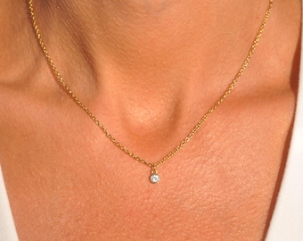 Tiny Diamond Necklace | Dainty CZ Diamond Choker Necklace, Solitaire Necklace, Delicate Necklace, Minimal, Gold, Silver, Rose Gold