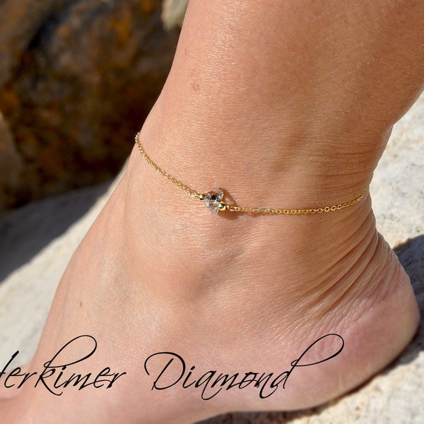 Raw Herkimer Diamond Dainty Anklet in Gold Fill Sterling Silver and Rose Gold Fill by SeaSideMotifs | Personalize it with Custom Initial