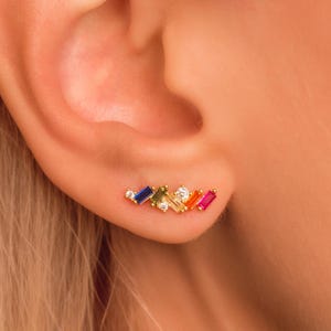 Multicolored Stud Earrings • Colorful Baguette CZ Studs • Gold Vermeil or Sterling Silver