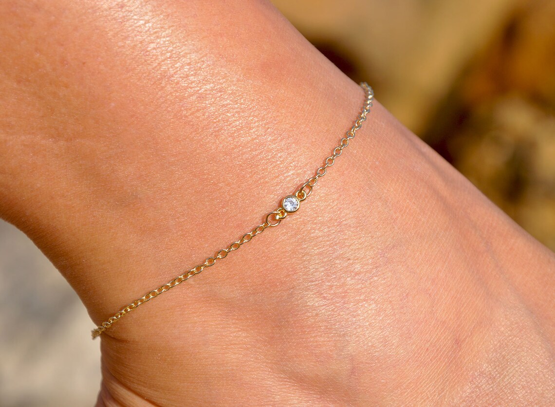 Dainty Diamond Ankle Bracelet in Silver Gold or Rose Gold by Etsy