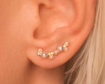 Pearl Climber Earrings • Pearls and Tiny CZ Ear Crawler • Gold Vermeil or Sterling Silver