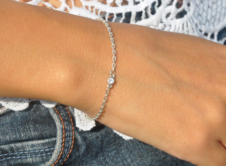 Dainty Cubic Zirconia Diamond Delicate Simple Gift Minimalist Jewelry Sterling Silver Tiny CZ Diamond Bracelet Solitaire Bracelet