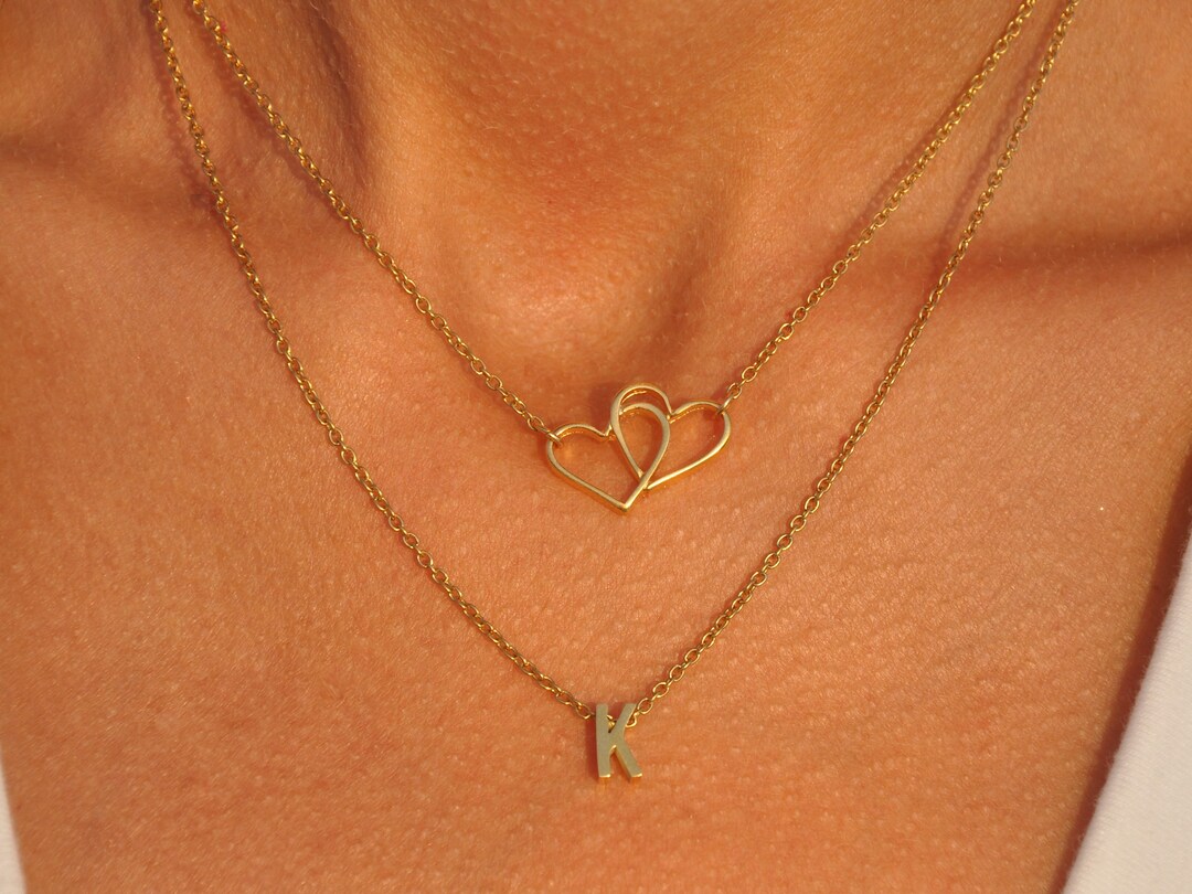 Layered Double Chain 2 Heart and Custom Initial Necklace, Gold Double