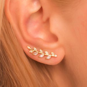 Pave Leaf Climber Earrings • Ear Crawler with CZ Olive Branch Leaves • Gold Vermeil or Sterling Silver • Delicate Bridal Earrings