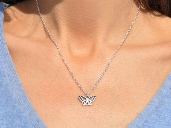 Cubic Zirconia Triple Butterfly Station Necklace in Sterling Silver - 16