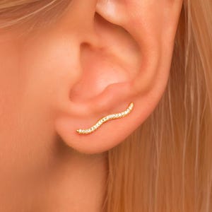Dainty Wavy Climber Earrings • Pave Ear Crawler • 18K Gold Vermeil or Sterling Silver • Delicate Bridal Earrings