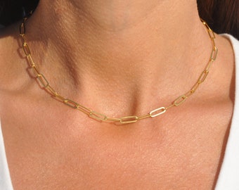 18K Gold Paperclip Necklace | Elongated Link Chain Necklace, Gold Paper Clip Chain Necklace, WATERPROOF Necklace, Non-Tarnish Necklace