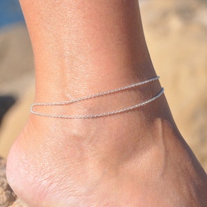 Layering Anklet, Personalized Layered Silver, Gold,  Rose Gold Double Chain Ankle Bracelet with Custom Initial, Simple Thin Chain Anklet
