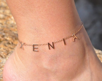 Spaced Letters Name Anklet in Rose Gold Silver and Gold by SeaSideMotifs | Personalize Your Initials Name Ankle Bracelet as a Perfect Gift