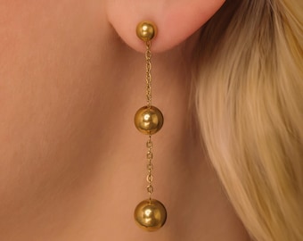 Gold Ball Drop Earrings, Dangle Chain Earrings, Minimalist Jewelry