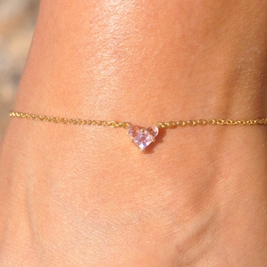 Pink Heart Anklet | Personalized Light Pink and Gold CZ Heart Ankle Bracelet for Women, Beach Wedding Anklet, Gift for Her